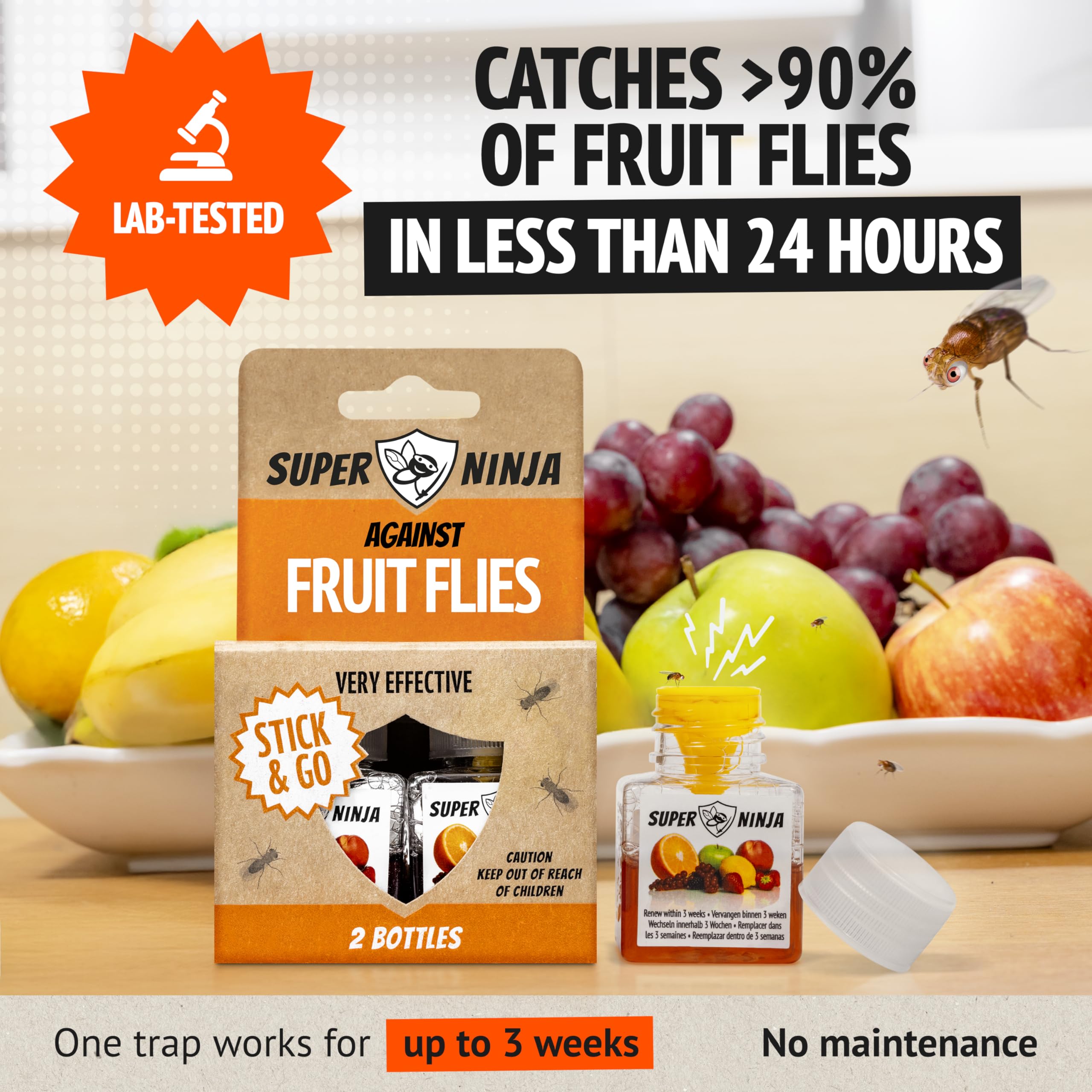 Super Ninja Fruit Fly Trap - 2 pack, Highly Effective Fruit Fly Killer for Home & Kitchen, Up to 3 Weeks of Performance per Bottle, Child & Pet Friendly